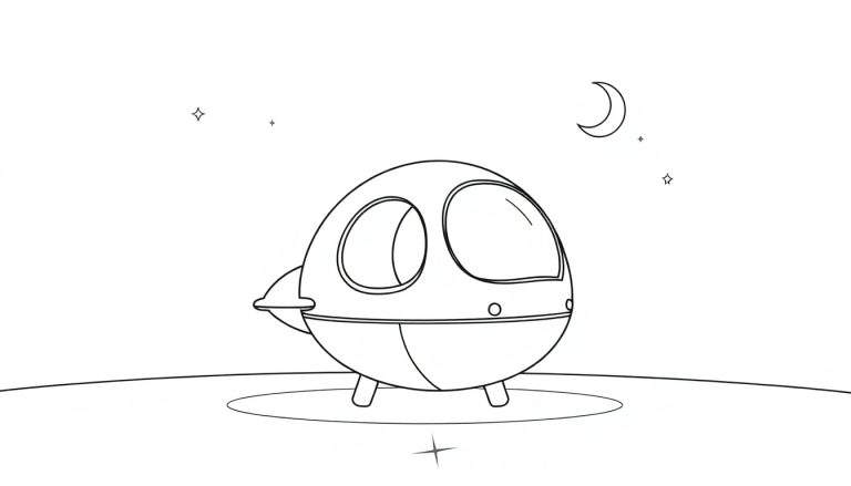 Página para colorear de nave espacial amigable, placa de color