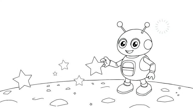 Un robot amigable con ojos grandes y antenas jugando con estrellas en un planeta, listo para ser coloreado.