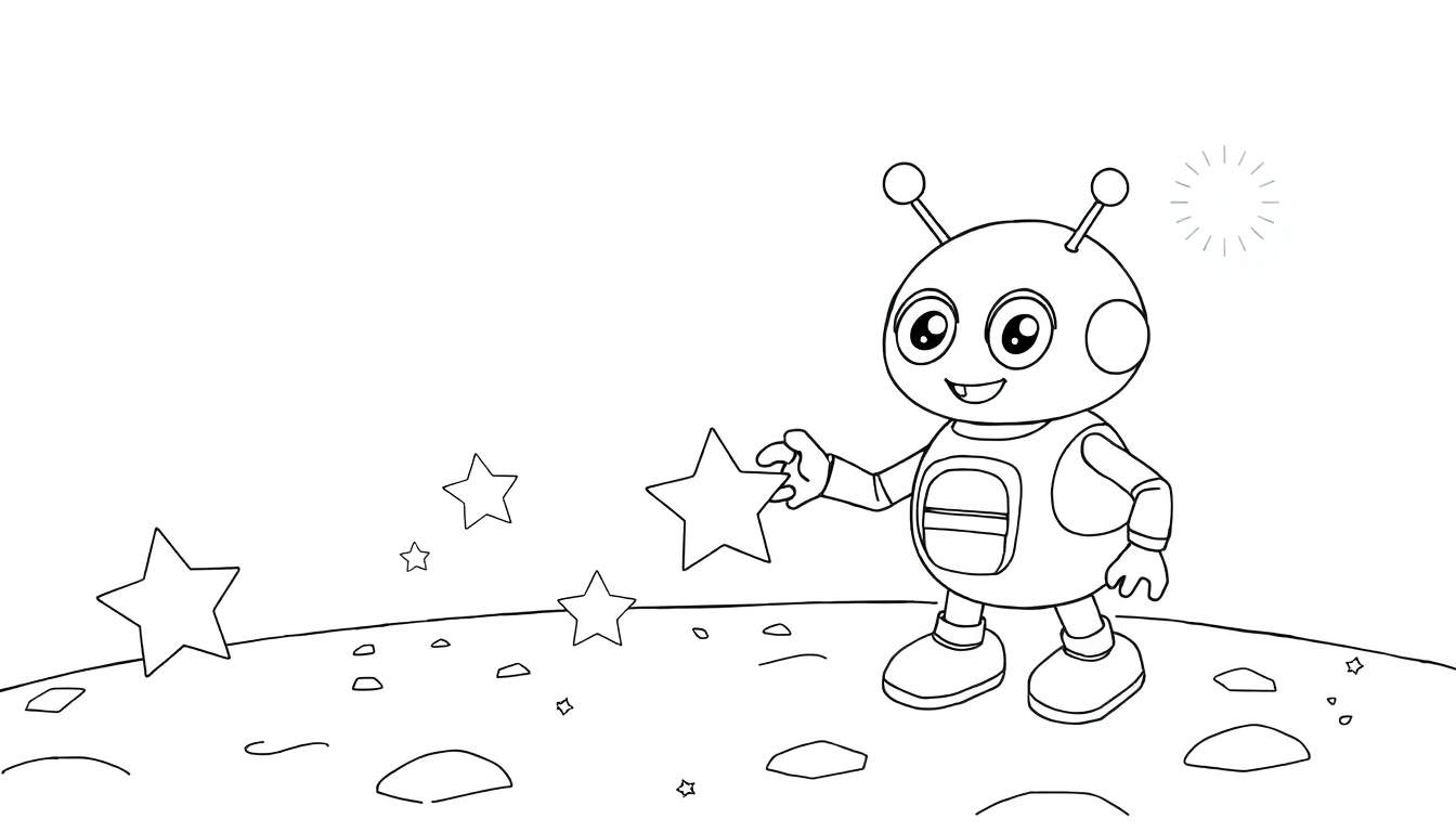 Un robot amigable con ojos grandes y antenas jugando con estrellas en un planeta, listo para ser coloreado.