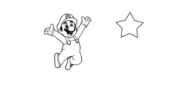 Placa de color de Mario saltando hacia una estrella dorada.