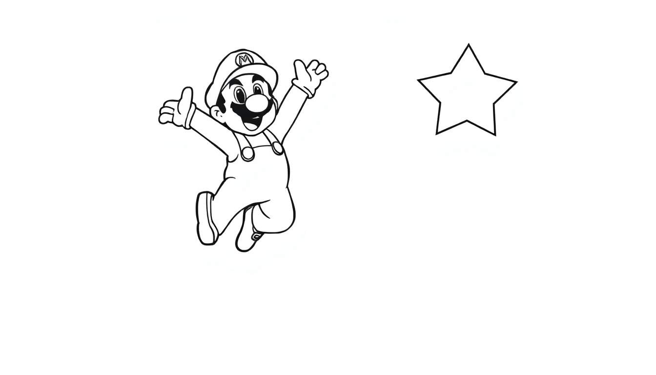 Placa de color de Mario saltando hacia una estrella dorada.