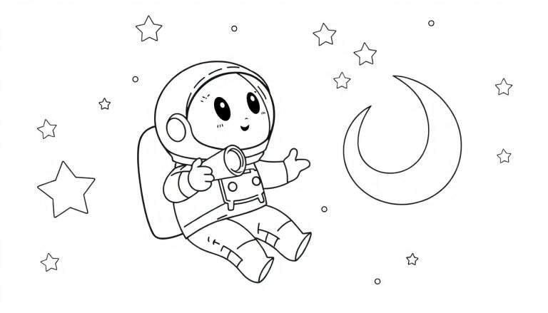 Astronauta de dibujos animados con casco y tanque de oxígeno sosteniendo un objeto cilíndrico, flotando entre estrellas y una luna creciente en una placa de color.