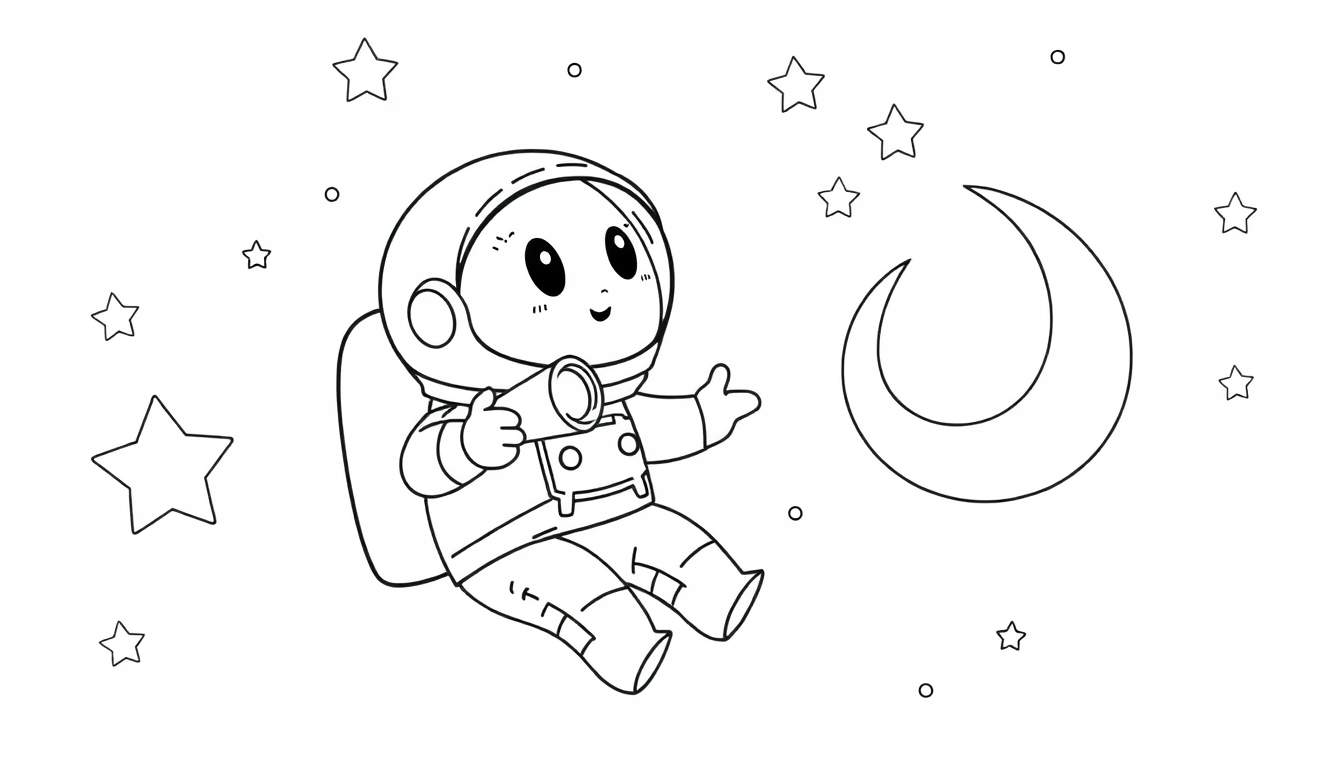Astronauta de dibujos animados con casco y tanque de oxígeno sosteniendo un objeto cilíndrico, flotando entre estrellas y una luna creciente en una placa de color.