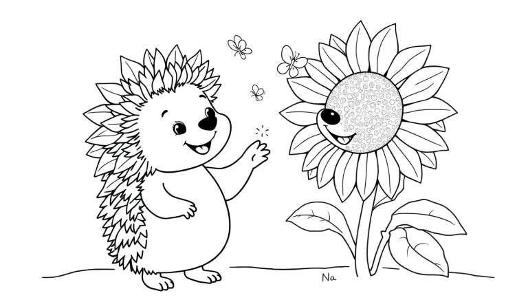 Un erizo sonriente con un girasol y mariposas, listo para ser coloreado en una placa de color.