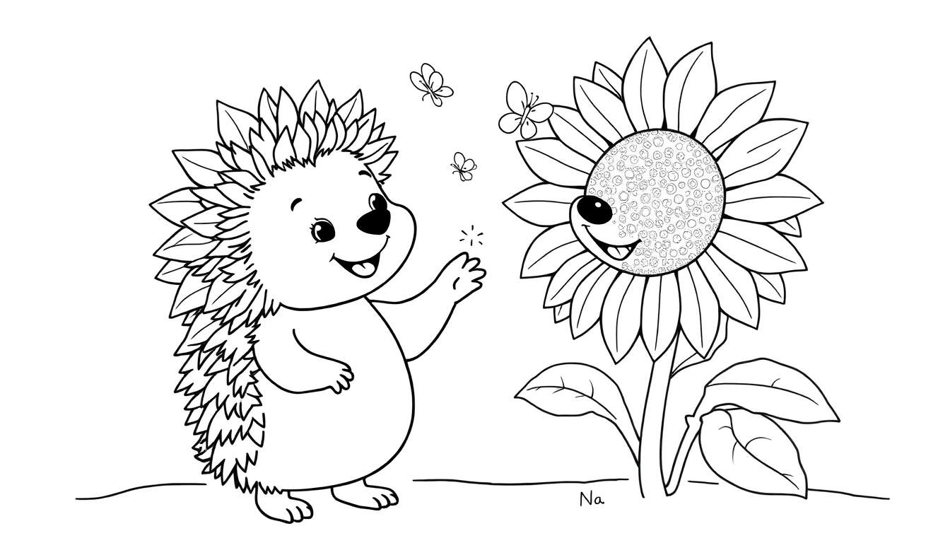 Un erizo sonriente con un girasol y mariposas, listo para ser coloreado en una placa de color.