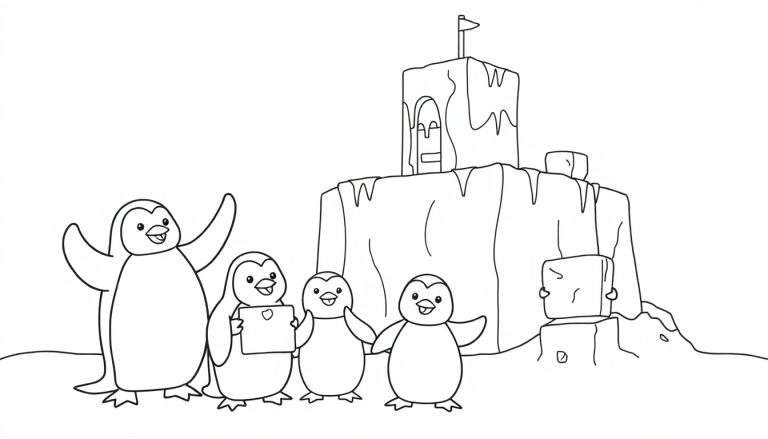 Una placa de color con cuatro pingüinos amigables frente a un castillo de hielo.