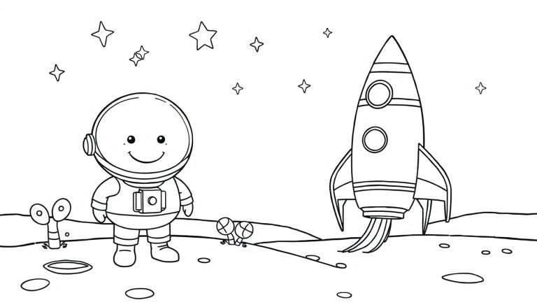 Placa de color de un astronauta sonriente junto a un cohete en la Luna.