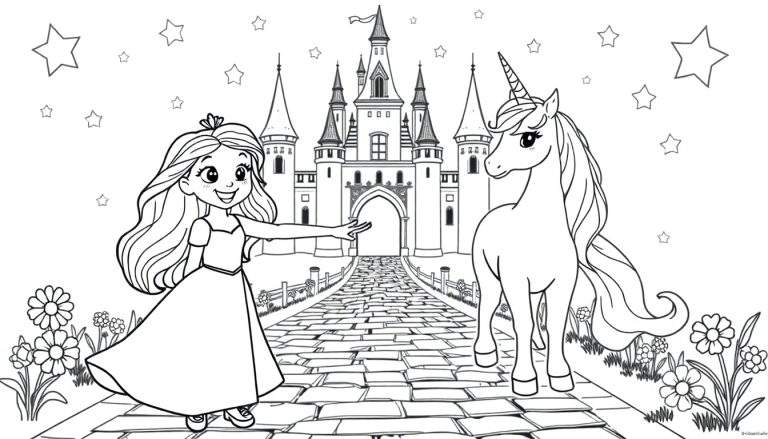 Placa de color de una princesa interactuando con un unicornio cerca de un castillo bajo un cielo estrellado.