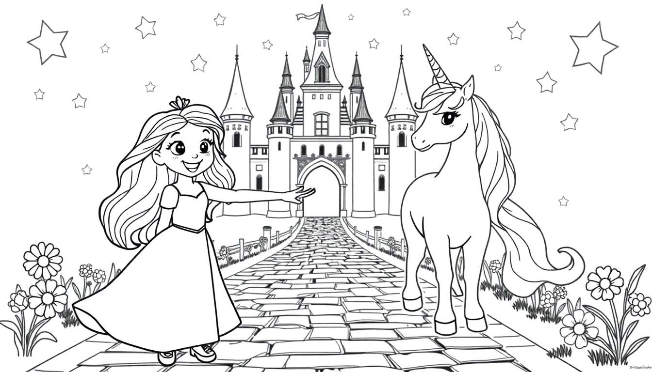 Placa de color de una princesa interactuando con un unicornio cerca de un castillo bajo un cielo estrellado.