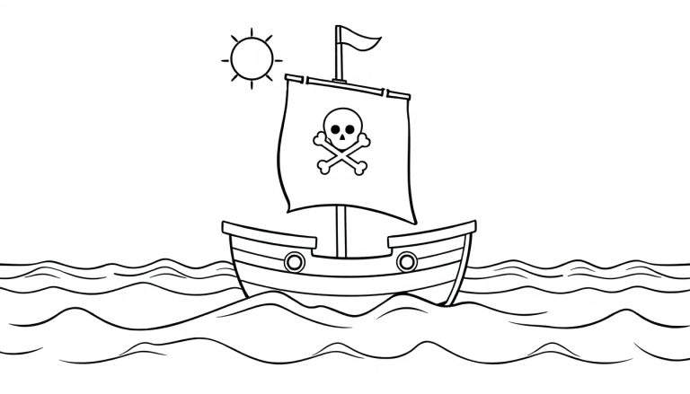 Placa de color de un barco pirata con bandera de calavera y tibias cruzadas navegando en olas amigables bajo un sol brillante.
