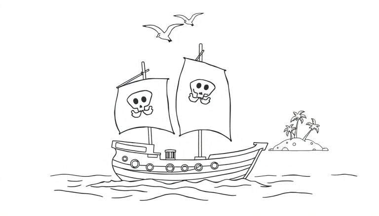 Placa de color de un barco pirata con bandera de calavera.