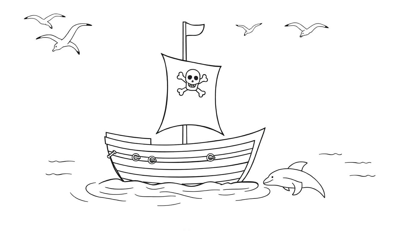 Placa de color de un barco pirata amigable con un delfín sonriente y gaviotas.