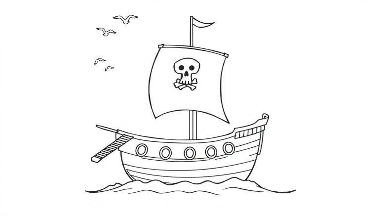Barco pirata en blanco y negro con calavera en la vela, listo para colorear con una placa de color.
