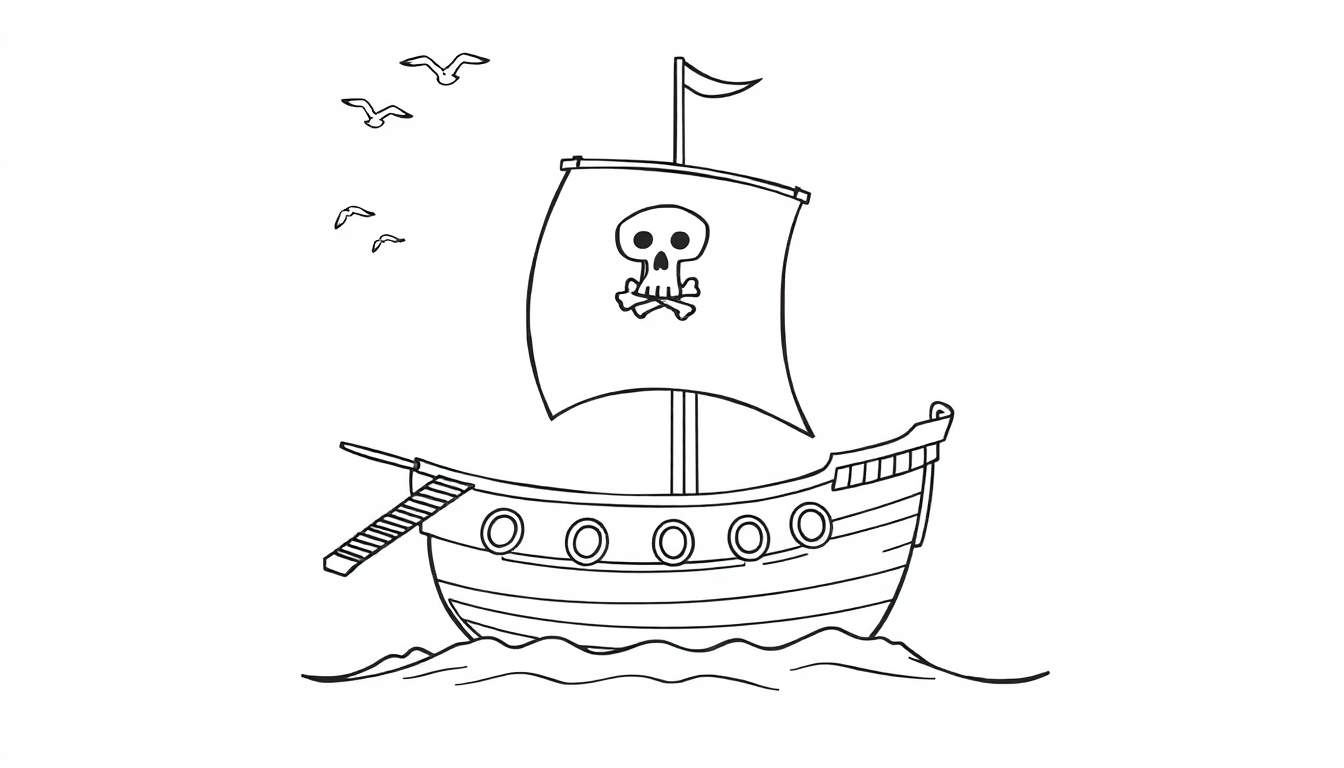 Barco pirata en blanco y negro con calavera en la vela, listo para colorear con una placa de color.