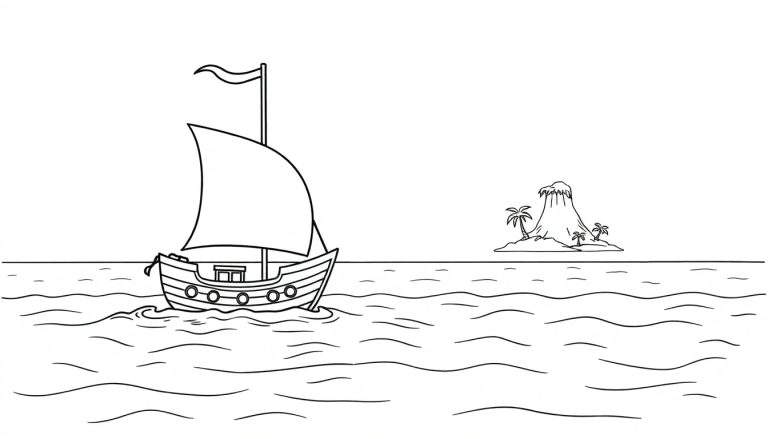 Placa de color: un simpático barco pirata navegando hacia una isla tropical.