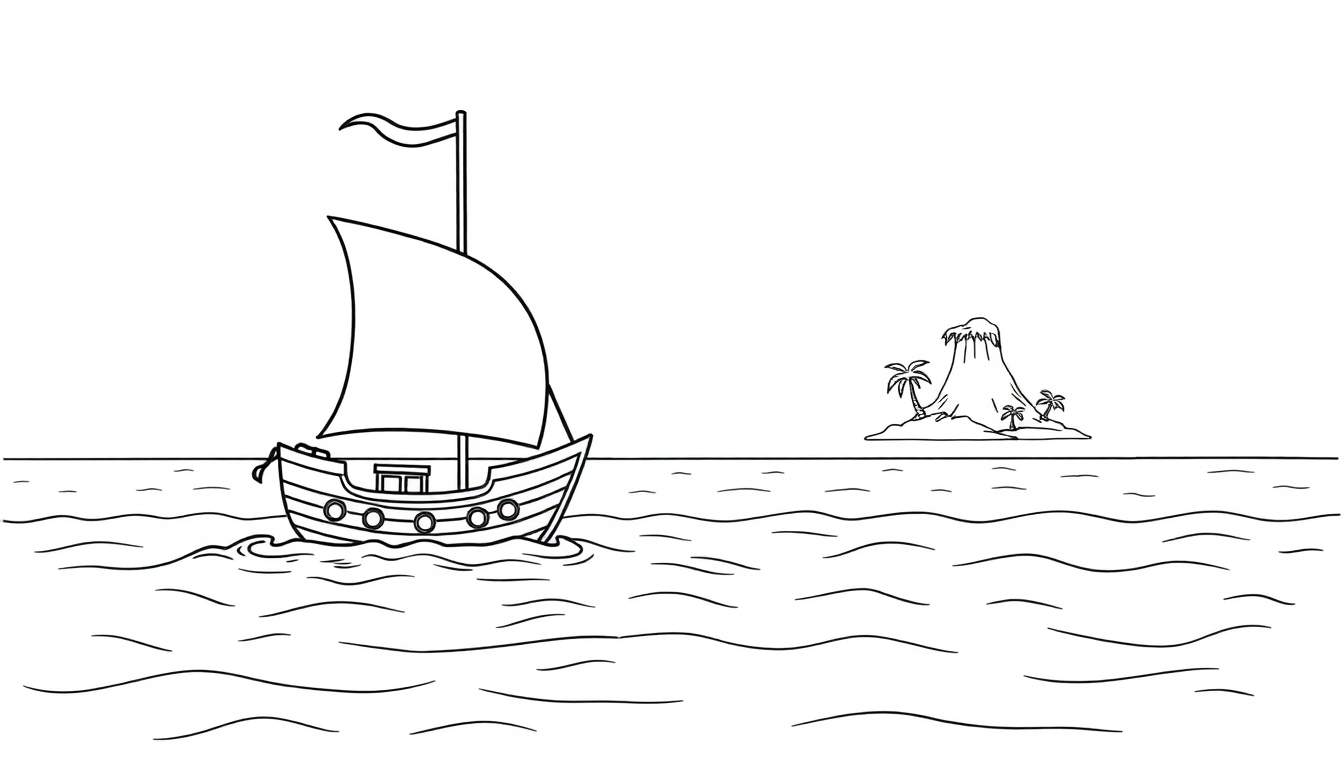 Placa de color: un simpático barco pirata navegando hacia una isla tropical.