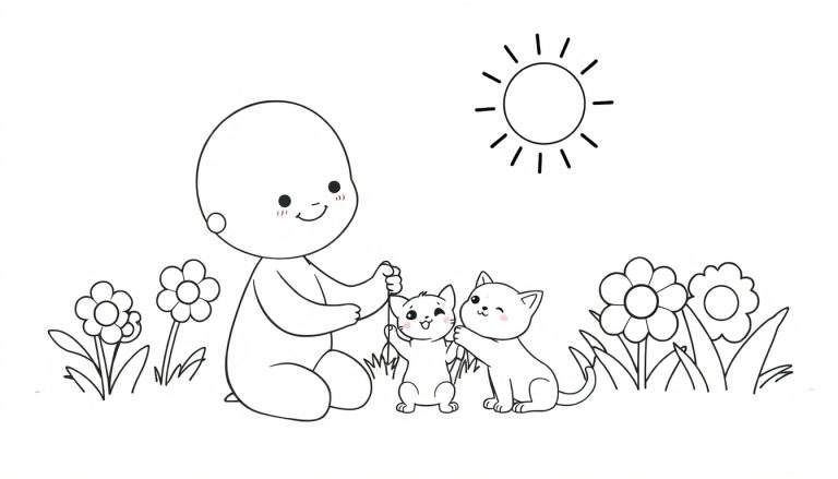 Placa de color en blanco y negro de un niño de Toca Boca jugando con un gatito bajo el sol entre flores.