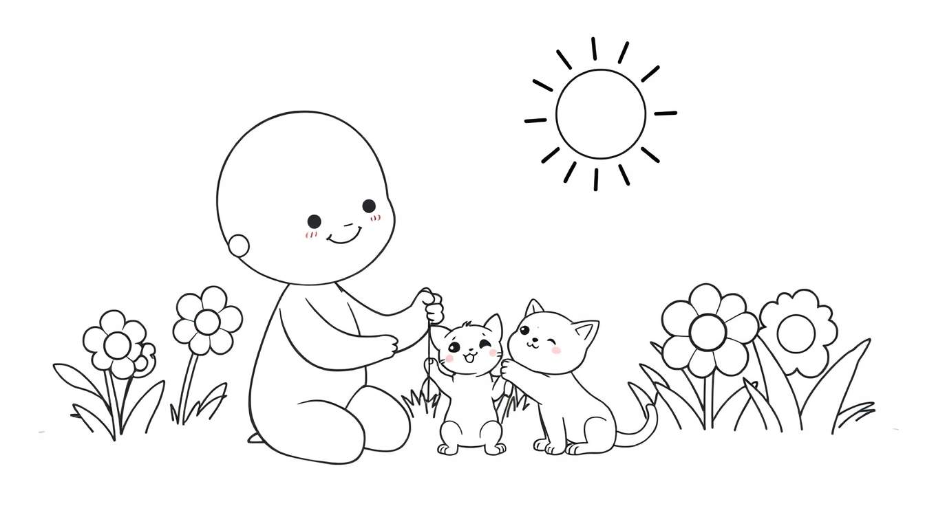 Placa de color en blanco y negro de un niño de Toca Boca jugando con un gatito bajo el sol entre flores.