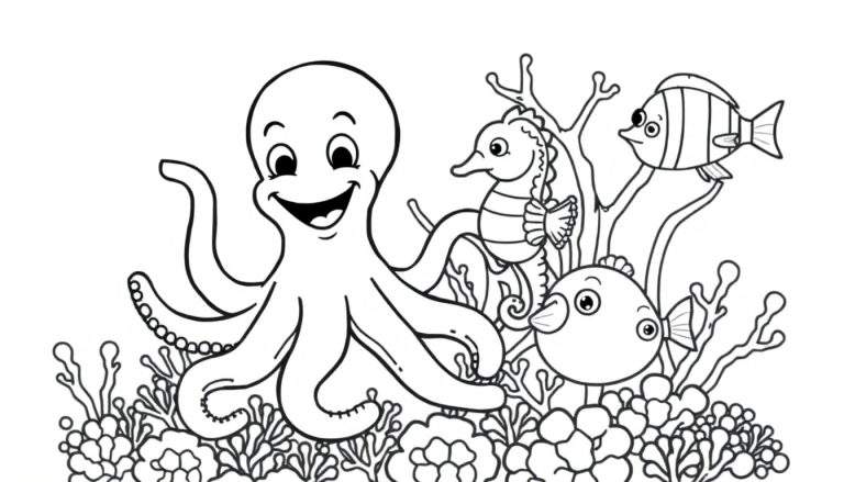Placa de color de criaturas marinas amigables: un pulpo sonriente, un caballito de mar y un pez en un arrecife de coral.