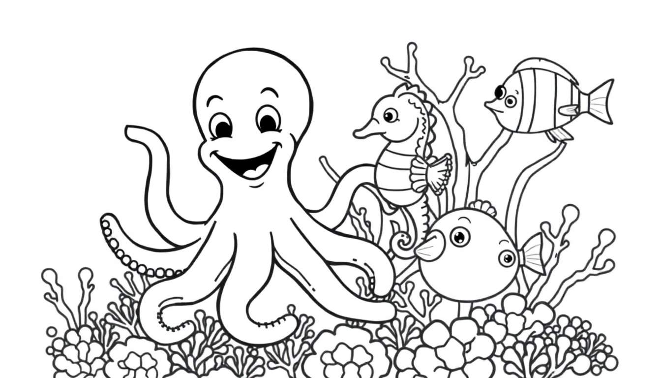 Placa de color de criaturas marinas amigables: un pulpo sonriente, un caballito de mar y un pez en un arrecife de coral.