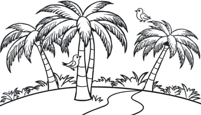 Una placa de color en blanco y negro de palmeras exuberantes y pájaros