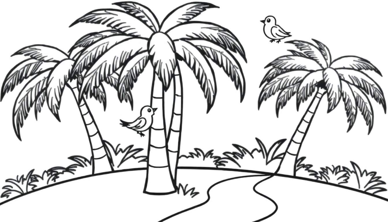 Una placa de color en blanco y negro de palmeras exuberantes y pájaros