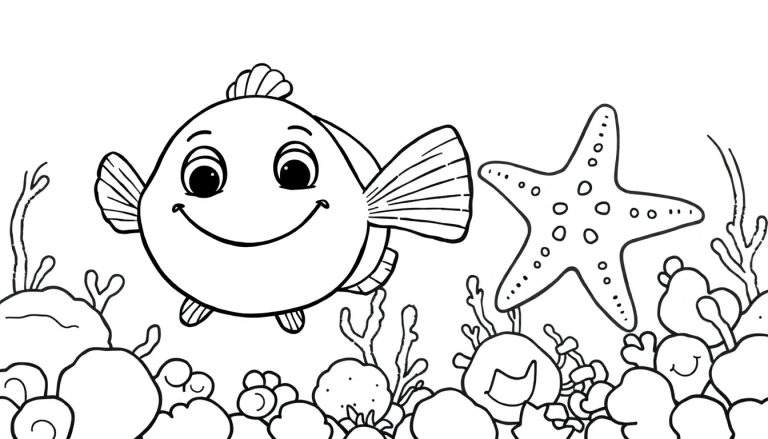 Placa de color de un pez globo sonriente y una estrella de mar en un fondo de coral.