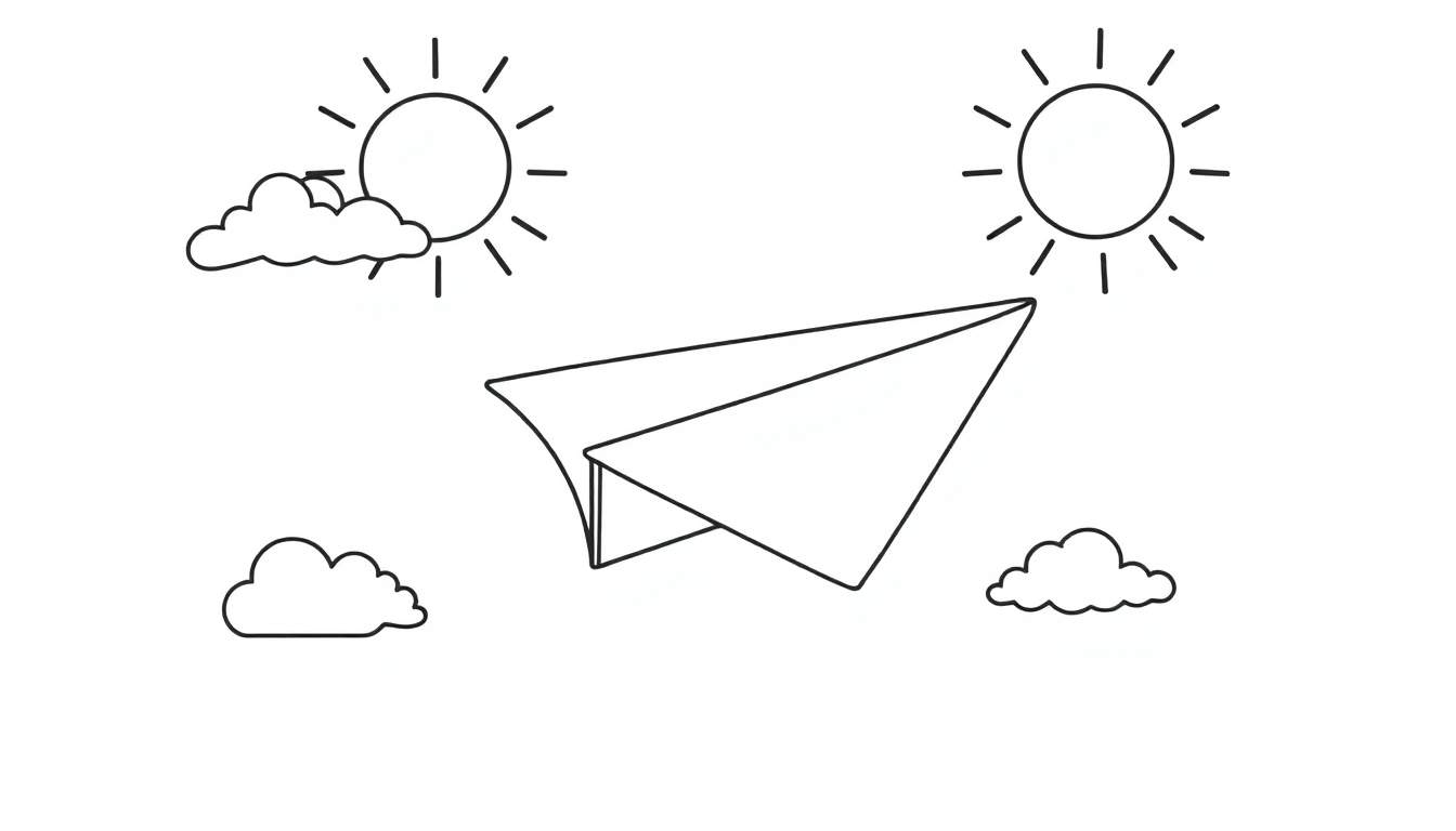 Un avión de papel amigable listo para colorear en una placa de color blanca y negra, volando entre dos soles y nubes.