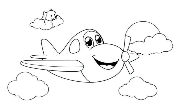 Un avión amigable con ojos grandes y una gran sonrisa, volando entre nubes de dibujos animados, listo para colorear en una placa de color.