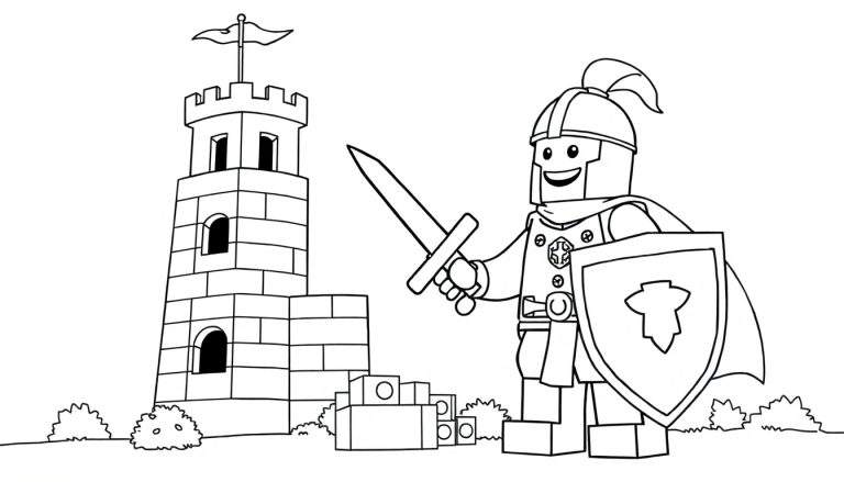 Caballero Lego con escudo y espada frente a una torre de Lego en una página para colorear de placa de color.