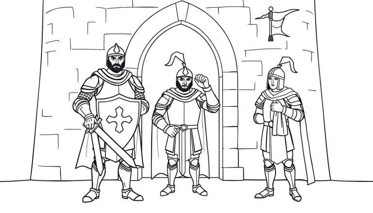 Caballero con espada y escudo de cruz, caballero saludando en la entrada del castillo, caballero con toalla, bandera en el castillo, dibujo para colorear de placa de color.