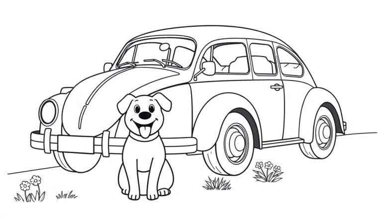 Un VW Vocho clásico y un perro feliz, listo para colorear en una placa de color.