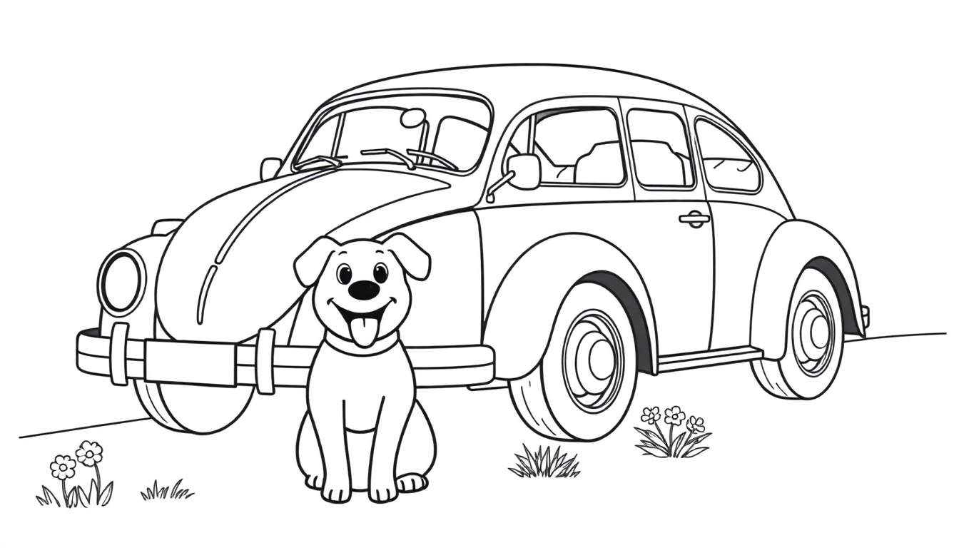 Un VW Vocho clásico y un perro feliz, listo para colorear en una placa de color.