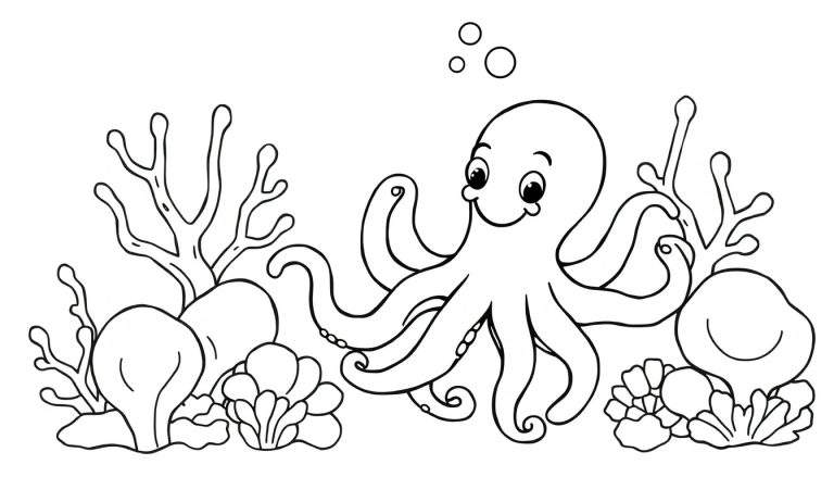 Página para colorear de un pulpo amigable en un arrecife de coral, listo para ser coloreado en esta placa de color.