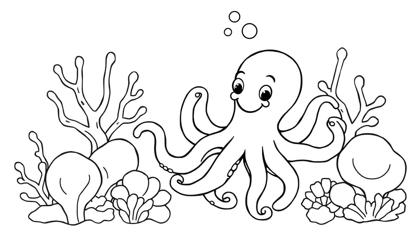 Página para colorear de un pulpo amigable en un arrecife de coral, listo para ser coloreado en esta placa de color.