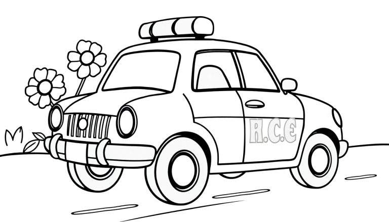 Un coche de policía de dibujos animados listo para colorear, con flores y las letras RCC en un patrón de ladrillos, sobre una carretera.