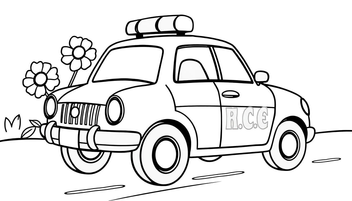 Un coche de policía de dibujos animados listo para colorear, con flores y las letras RCC en un patrón de ladrillos, sobre una carretera.