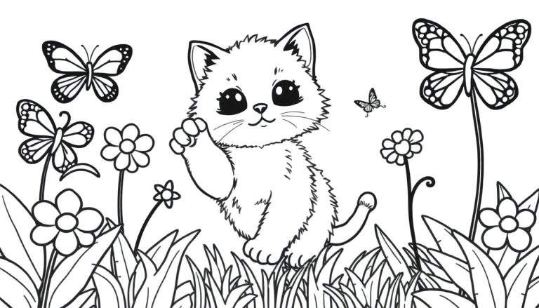 Placa de color de un gatito saludando en un jardín con mariposas.