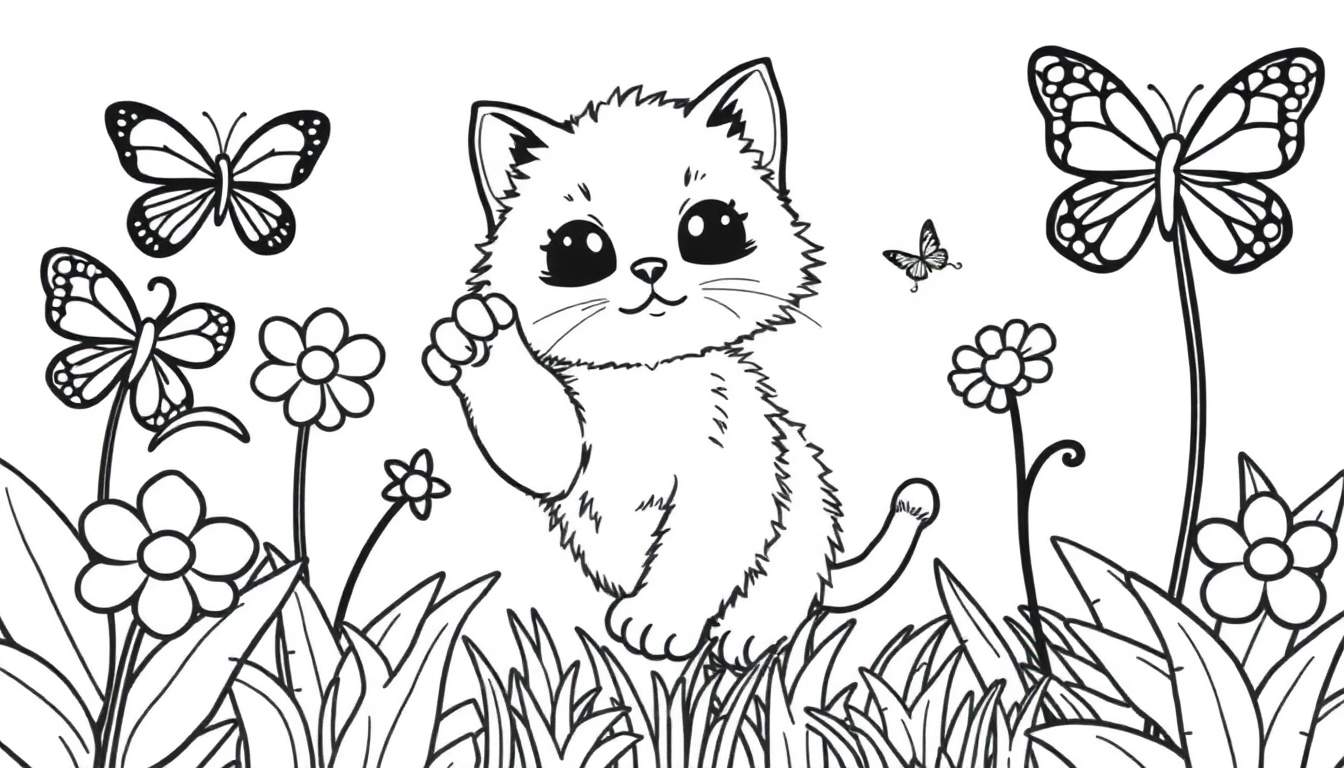 Placa de color de un gatito saludando en un jardín con mariposas.