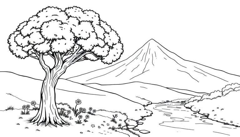Placa de color de un paisaje soleado con un río, una montaña y un árbol.