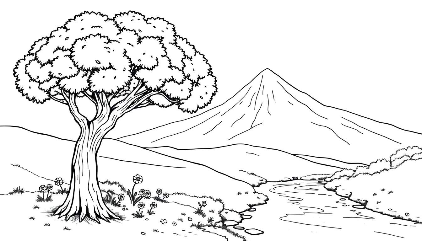 Placa de color de un paisaje soleado con un río, una montaña y un árbol.