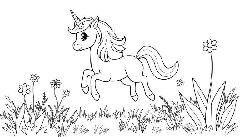 Unicornio corriendo en prado mágico listo para colorear en placa de color.