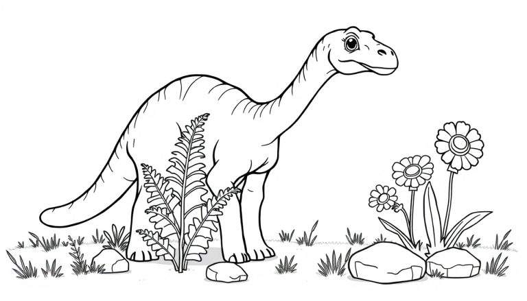 Un amigable Diplodocus bebé con una placa de color dibujada a mano explorando un prado prehistórico con hierba, rocas y flores.