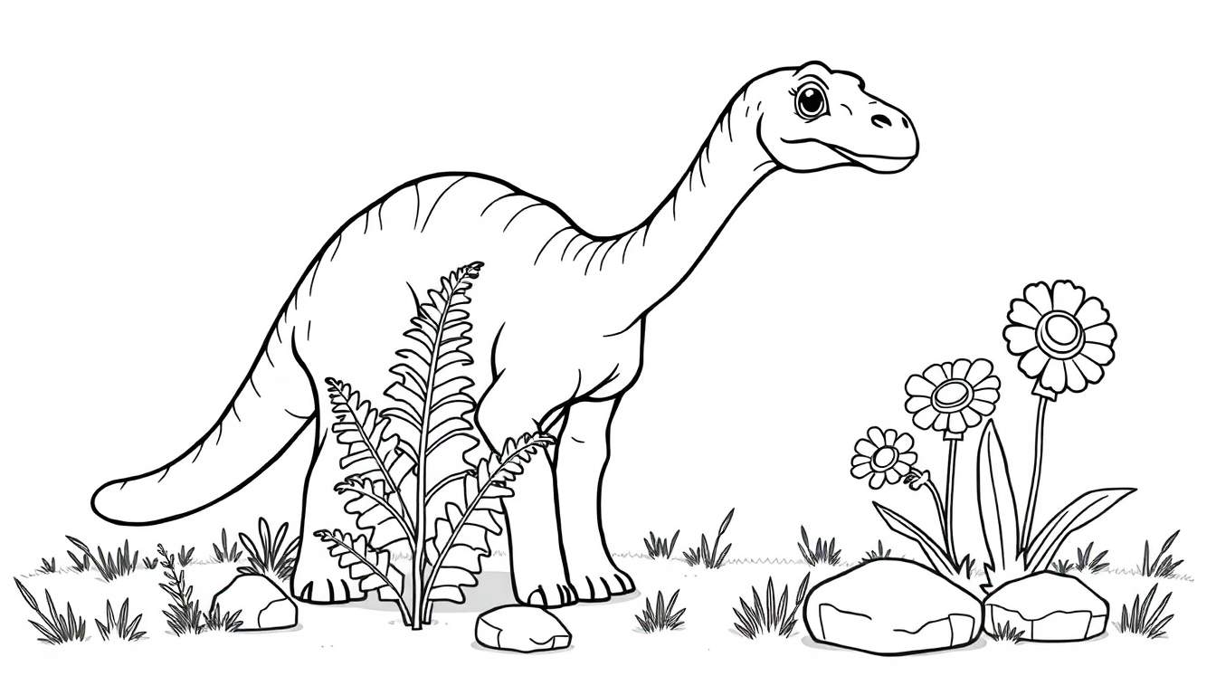 Un amigable Diplodocus bebé con una placa de color dibujada a mano explorando un prado prehistórico con hierba, rocas y flores.