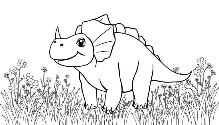 Placa de color de un Triceratops amigable con cuernos cortos y volante en un prado florecido.