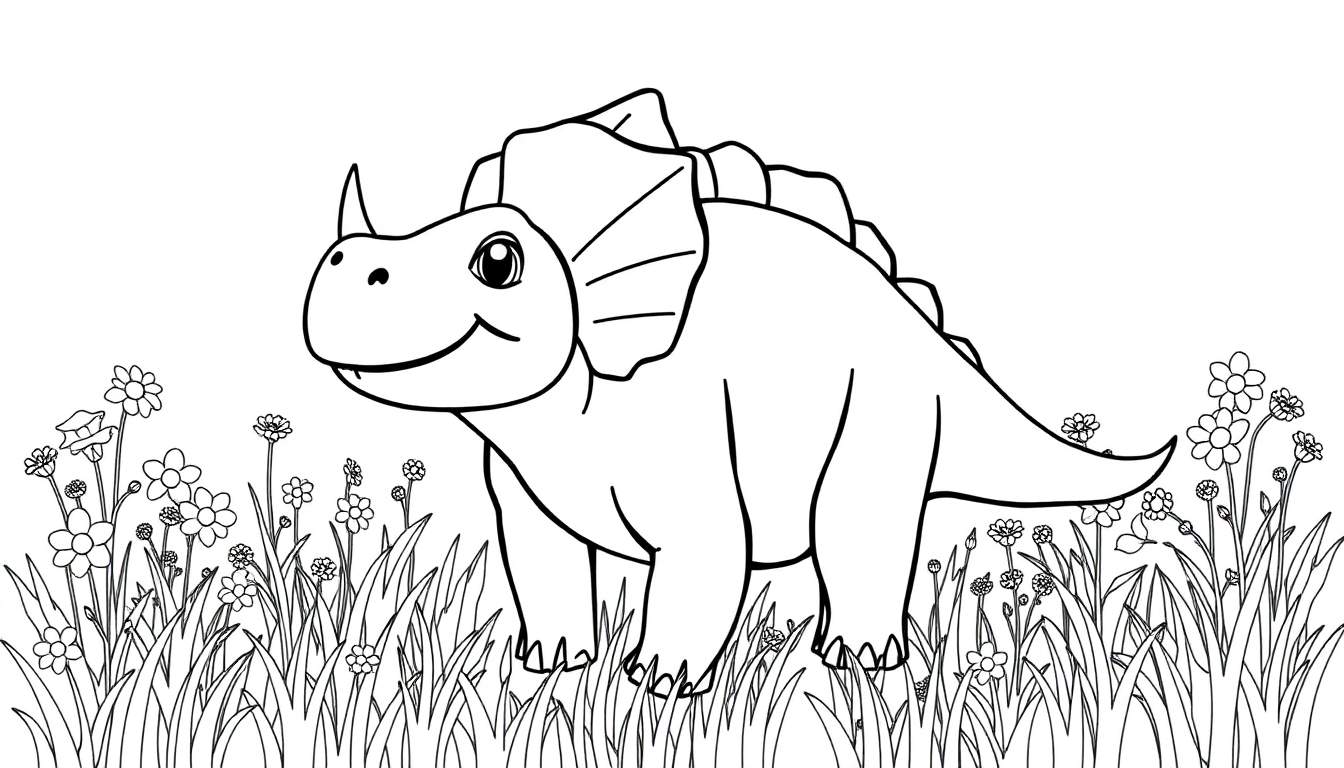 Placa de color de un Triceratops amigable con cuernos cortos y volante en un prado florecido.