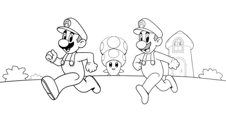 Placa de color de Mario y Luigi corriendo, con un champiñón y una torre de fondo.