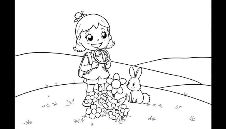 Placa de color: Niña de Toca Boca explorando con lupa