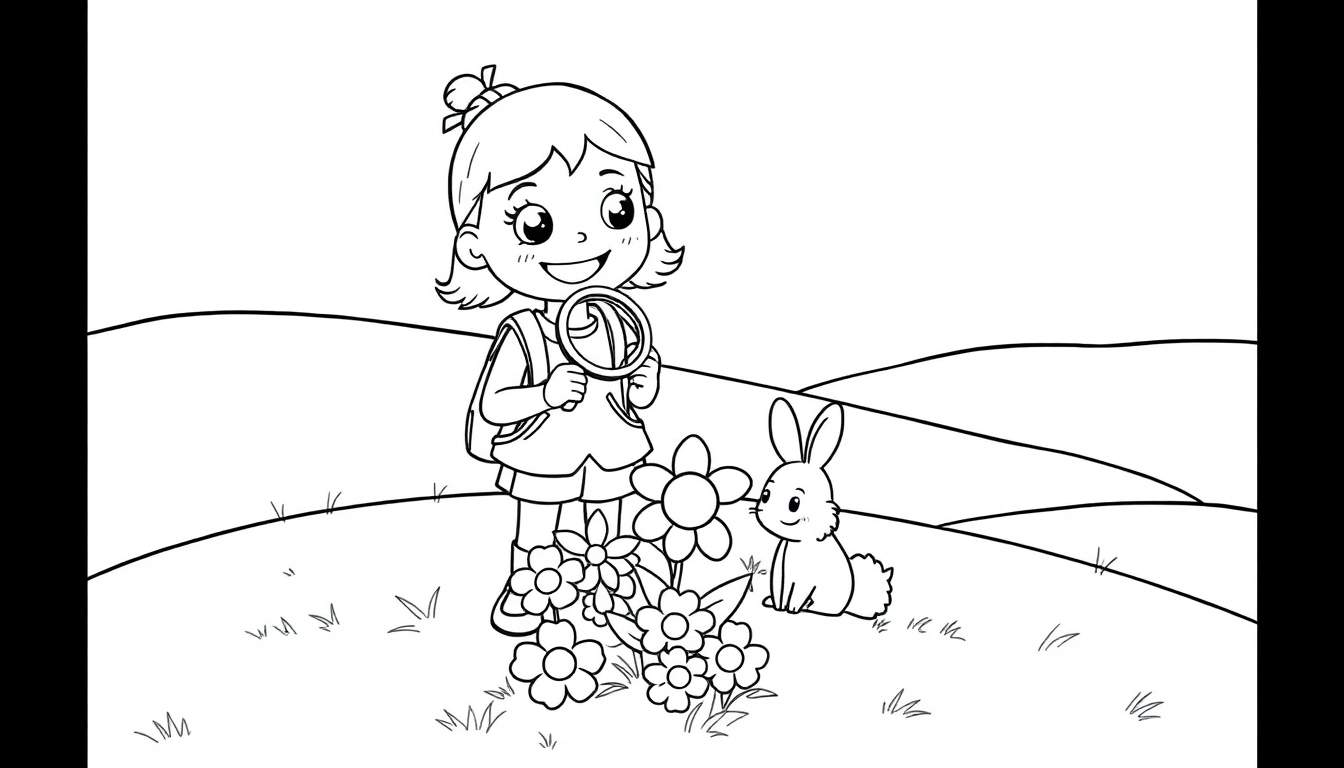 Placa de color: Niña de Toca Boca explorando con lupa