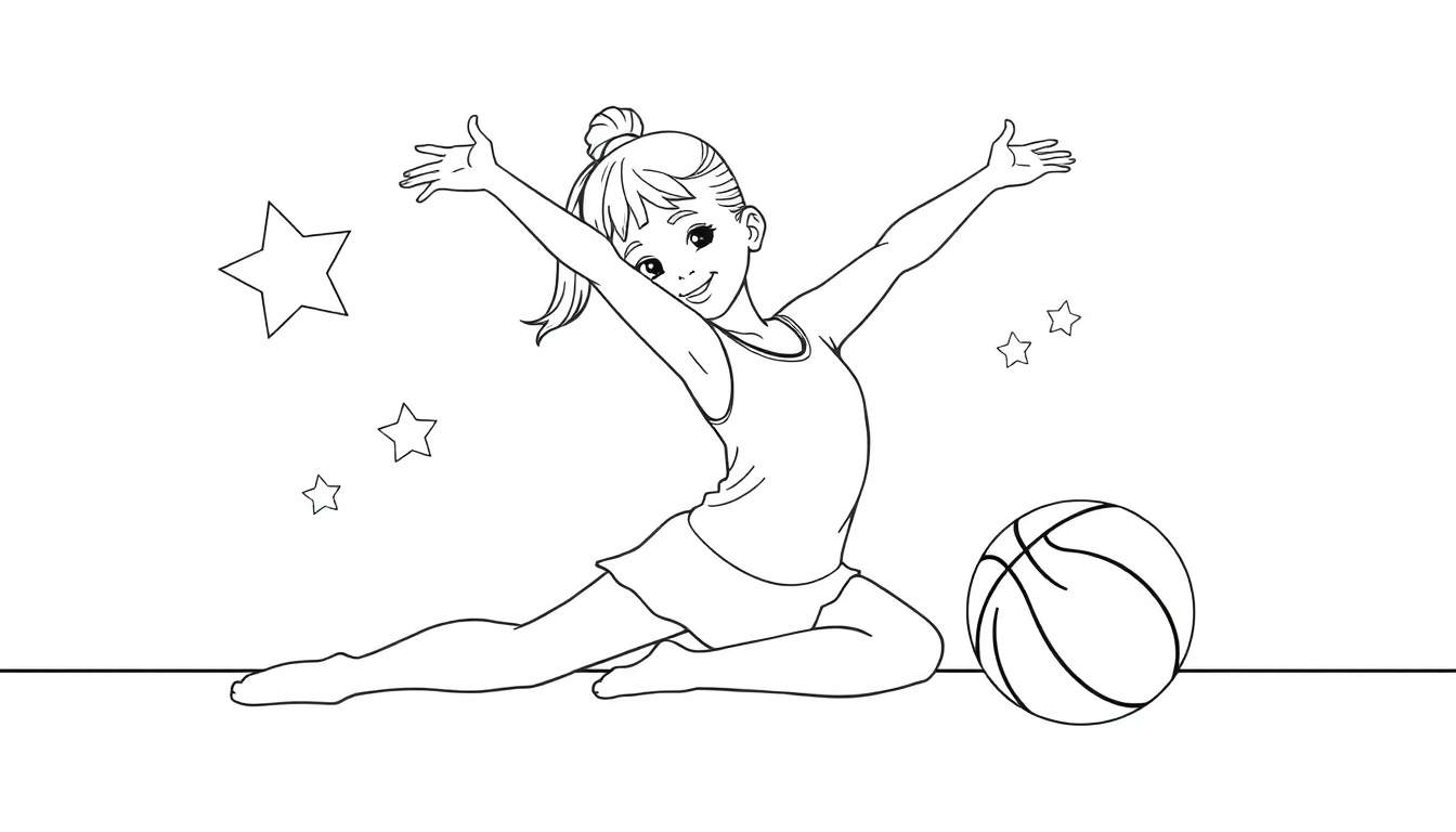 Placa de color de una gimnasta sentada con estrellas y un balón de baloncesto.